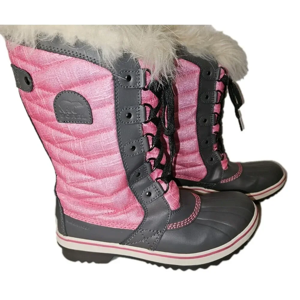 Sorel Tofino II Snow Boots YOUTH Size 6 Pink Gray Waterproof Fleece Fur Trim